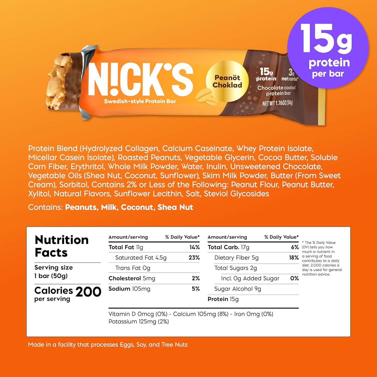 Nick's Protein Bars Variety Pack | 15g protein | 190 calories | Low Carb Keto Friendly Snacks No Added Sugar